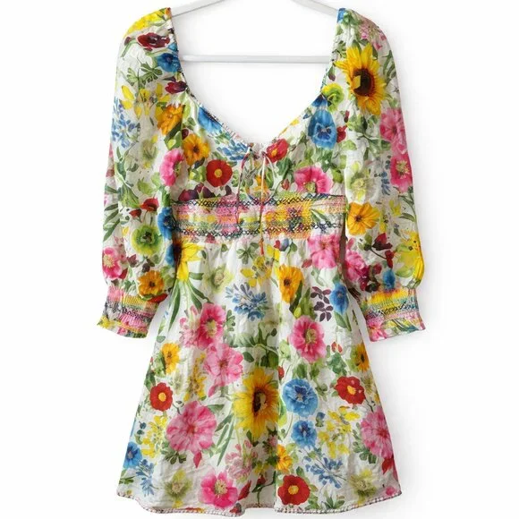 NWT Alice + Olivia Crawford Printed Mini Dress Floral Smocked Puff Sleeve size 8 - Picture 2 of 6